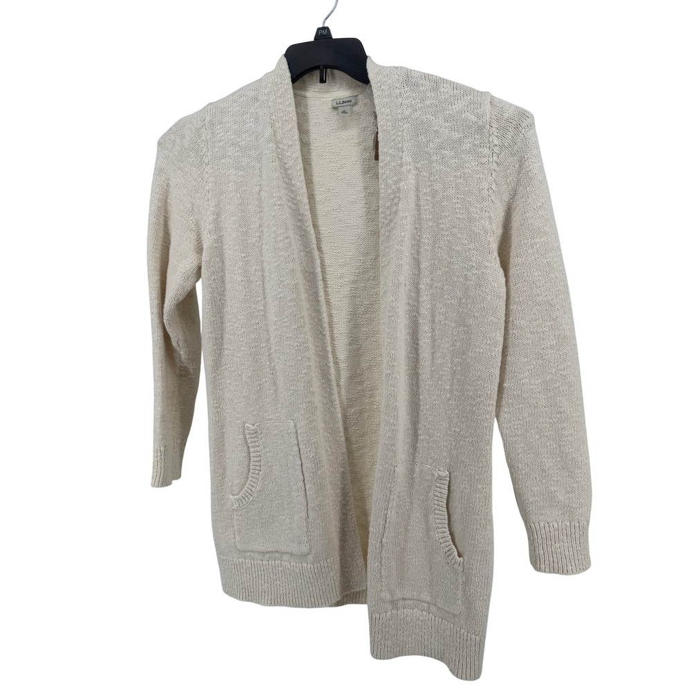 LL Bean Cardigan Women XL Cream Cotton Slub Open Front Long Sweater Textured